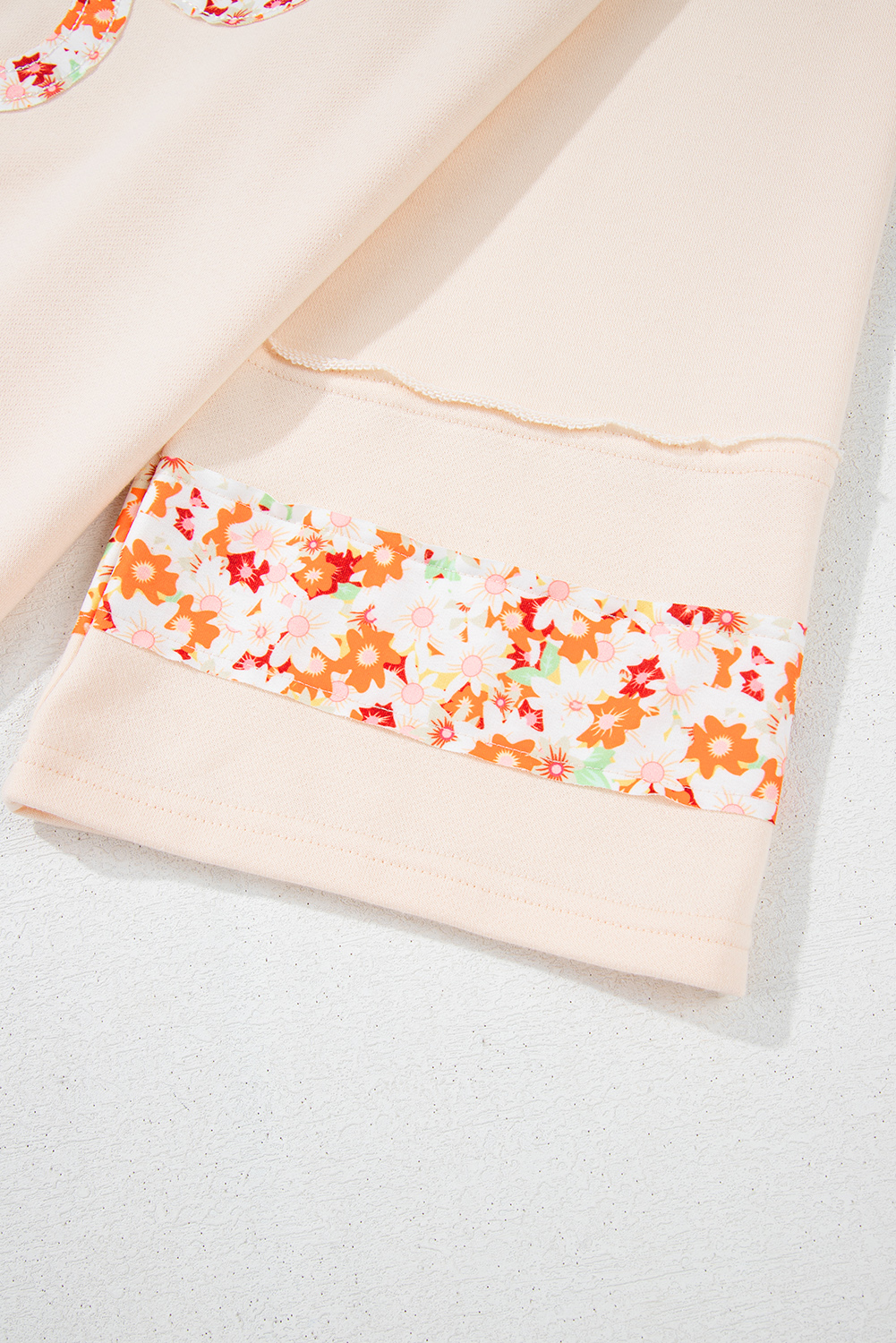 Beige Flower Patch Graphic Exposed Seam Wide Sleeve Top - loveforevers