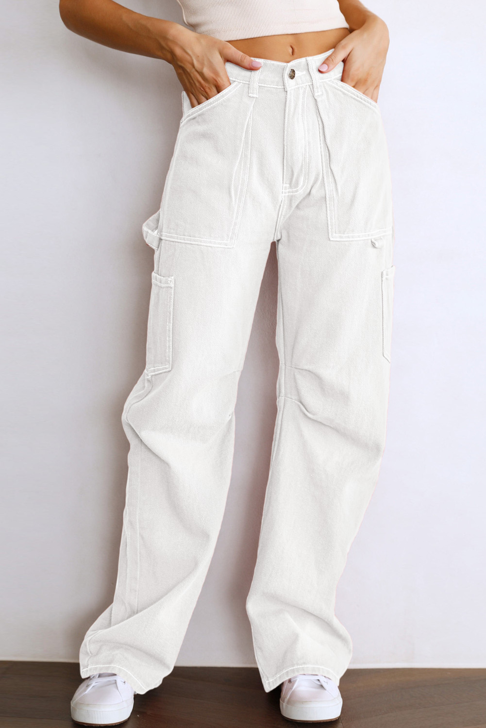 White High Waist Straight Leg Cargo Pants with Pockets - loveforevers