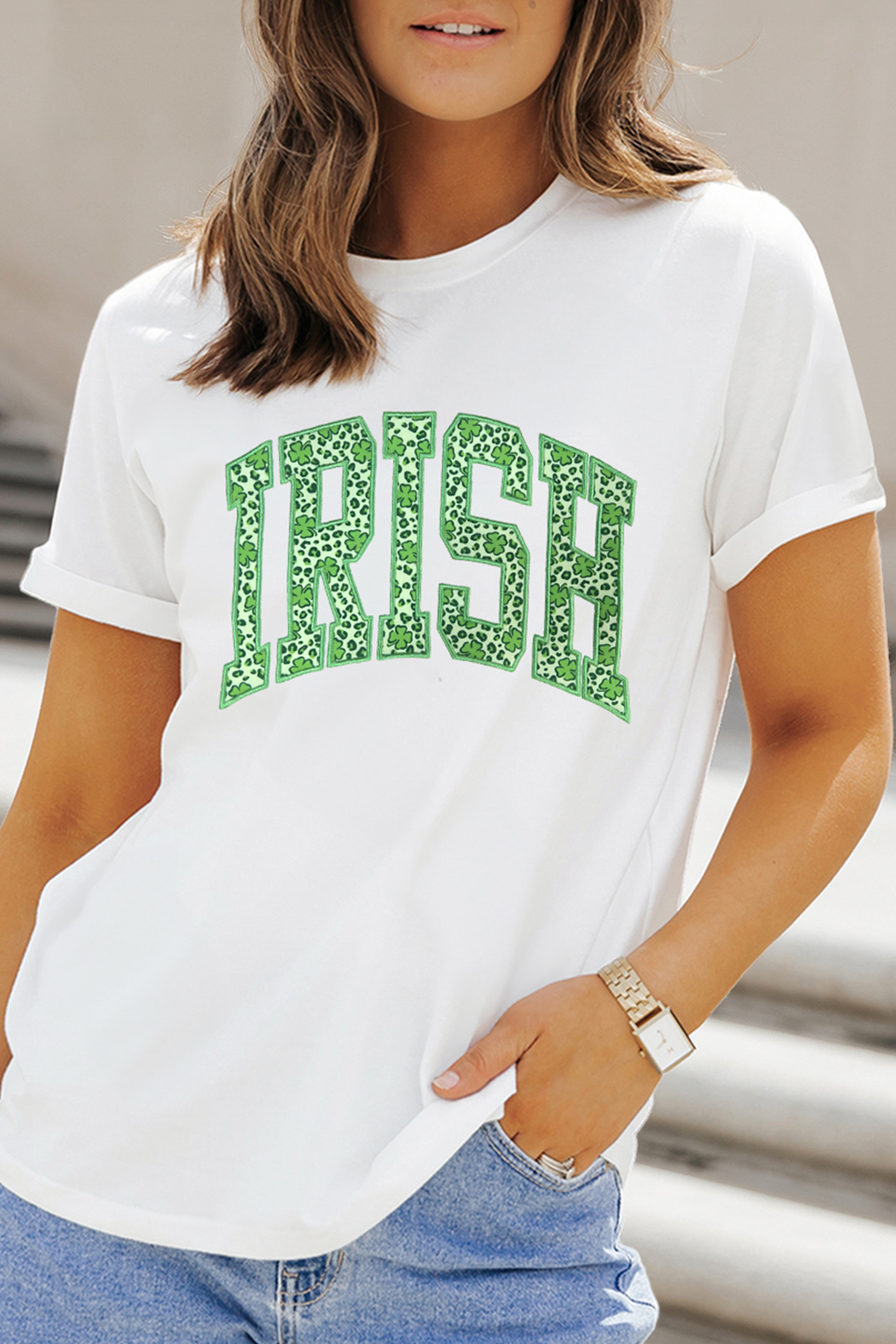 White IRISH Leopard Clover Embroidered Patch Graphic Tee - loveforevers