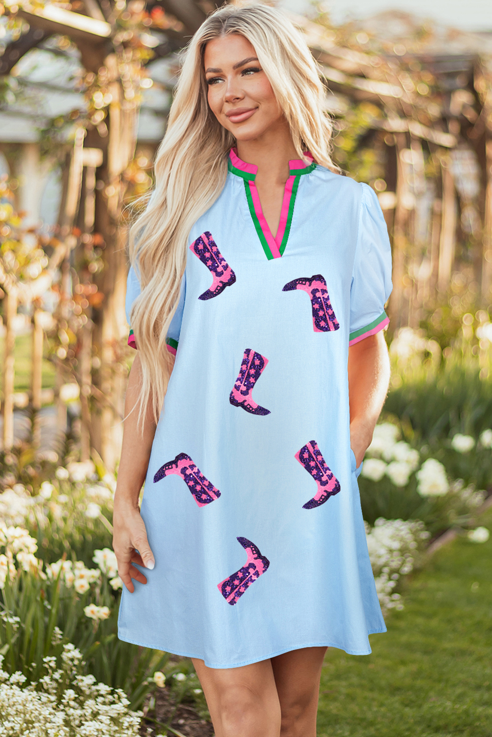 Myosotis Sequined Cowgirl Boots Pattern Contrast V Neckline Half Puff Sleeve Dress - loveforevers