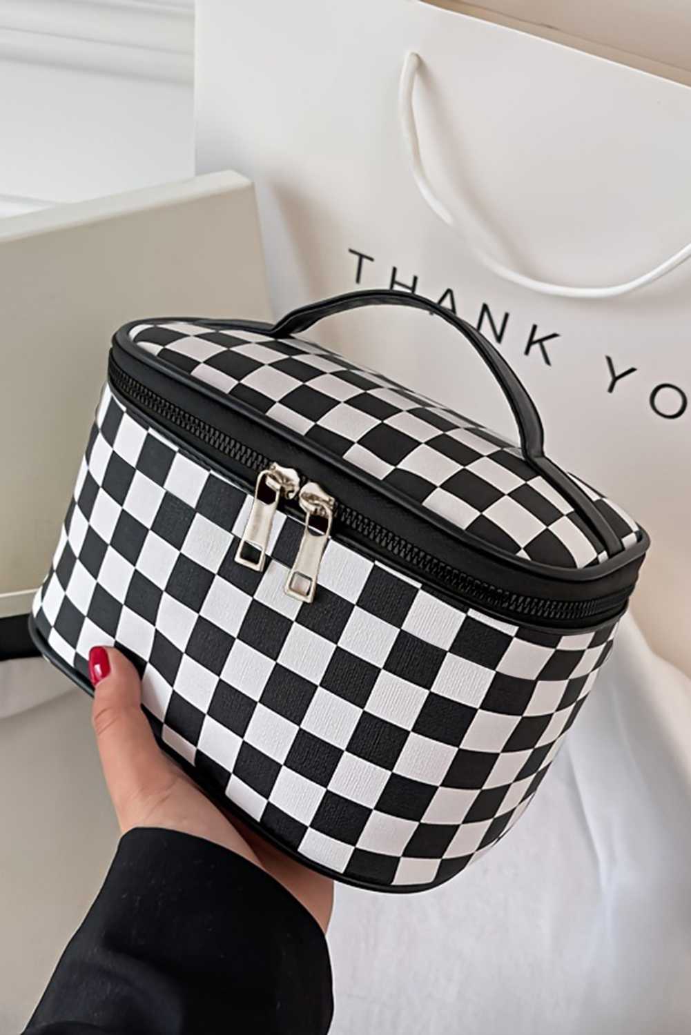 Black Checkered Zipper Large Cosmetic Bag with Handle - loveforevers