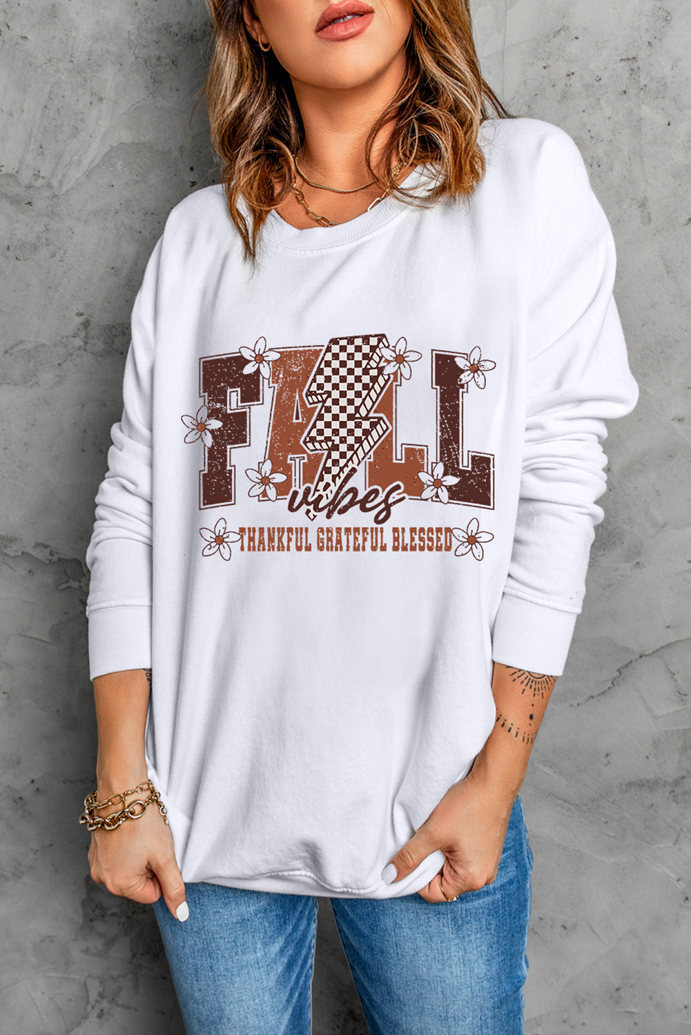 White FALL THANKFUL Graphic Drop Shoulder Sweatshirt - loveforevers