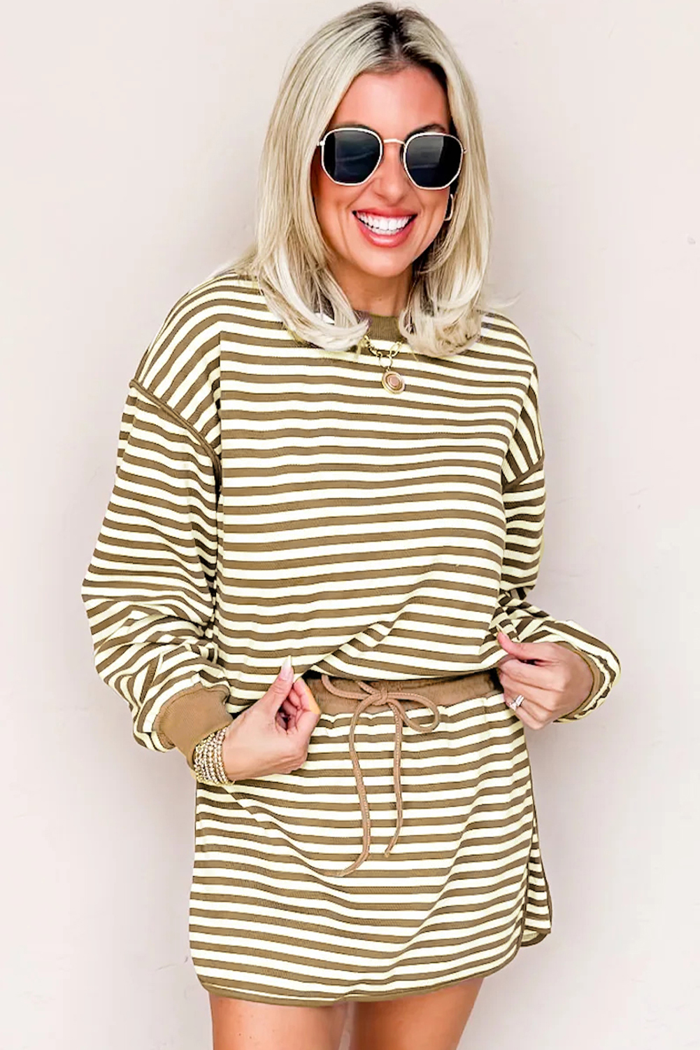 Black Stripe Textured Drop Shoulder Pullover Top Drawstring Mini Skort Two Piece Dress Set - loveforevers