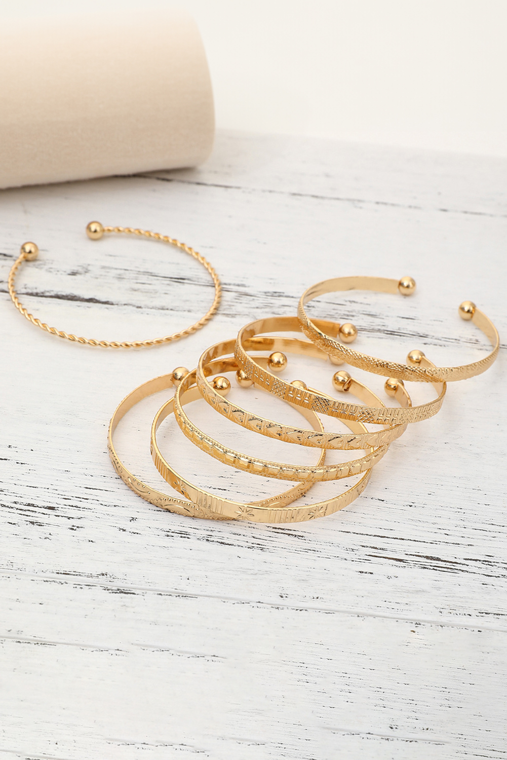 Gold 7pcs/set Textured Plated Open Alloy Bangle Set - loveforevers