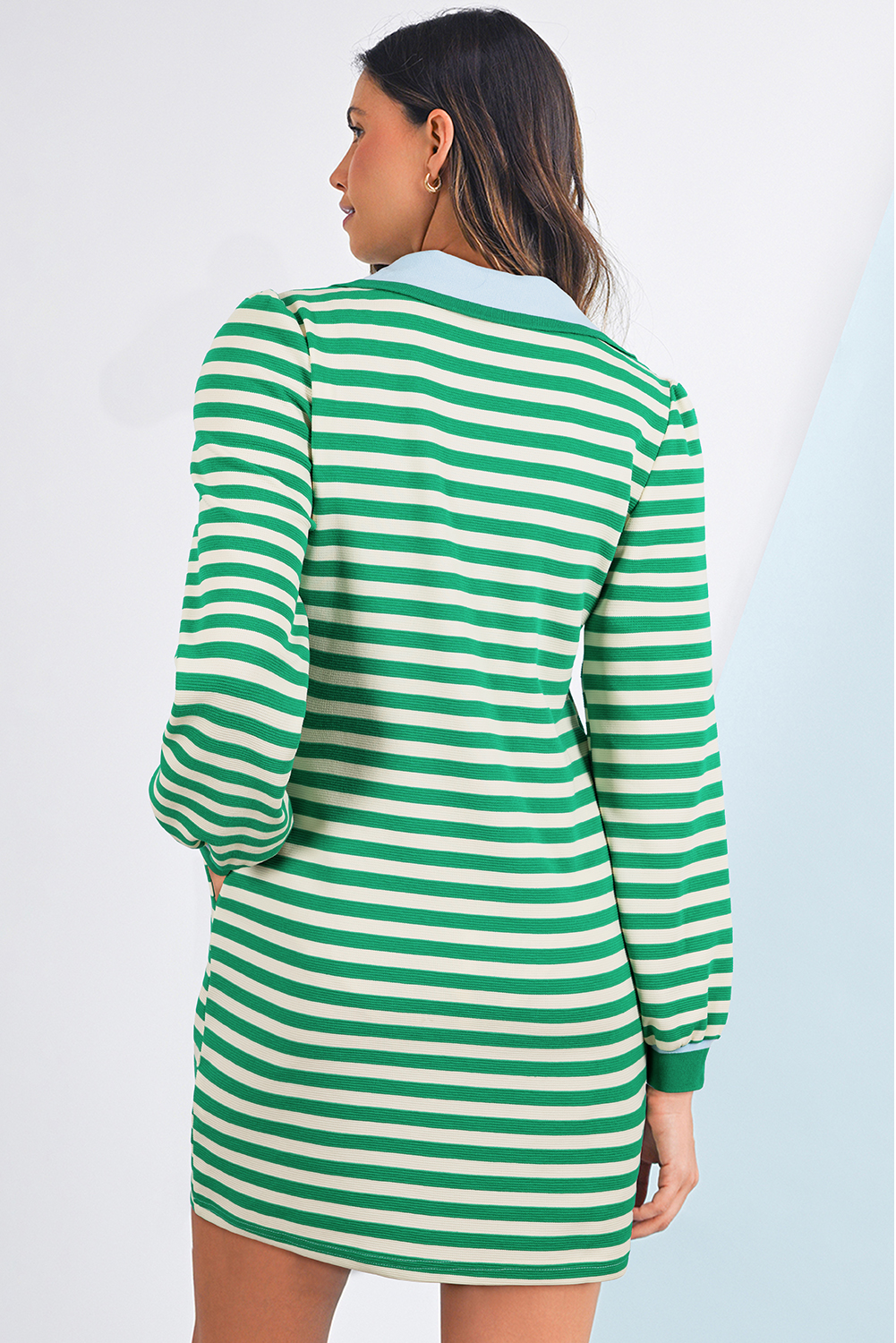 Green Striped Contrast Collar Split Neck Long Sleeve Mini Dress - loveforevers