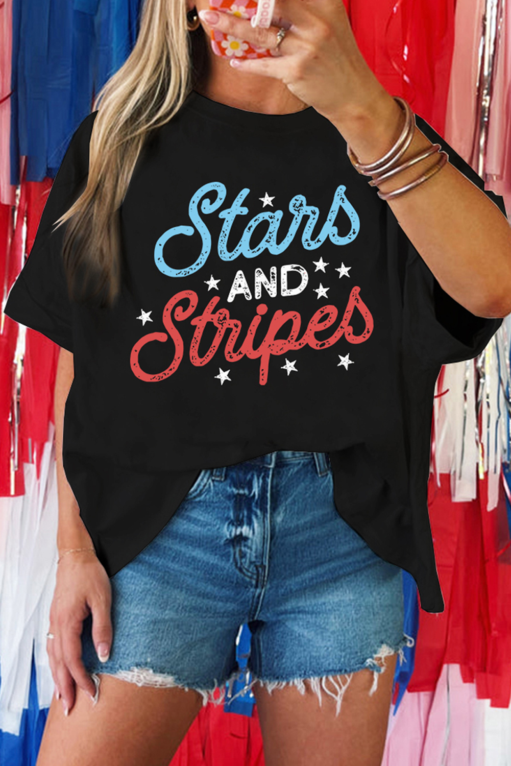 Black July 4th Stars AND Stripes Vintage Letter Graphic Tee - loveforevers