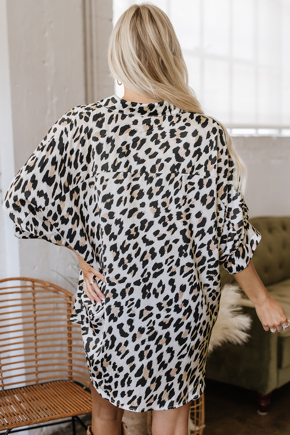 Beige Leopard Print Buttoned 3/4 Sleeve Loose Fit Shirt - loveforevers