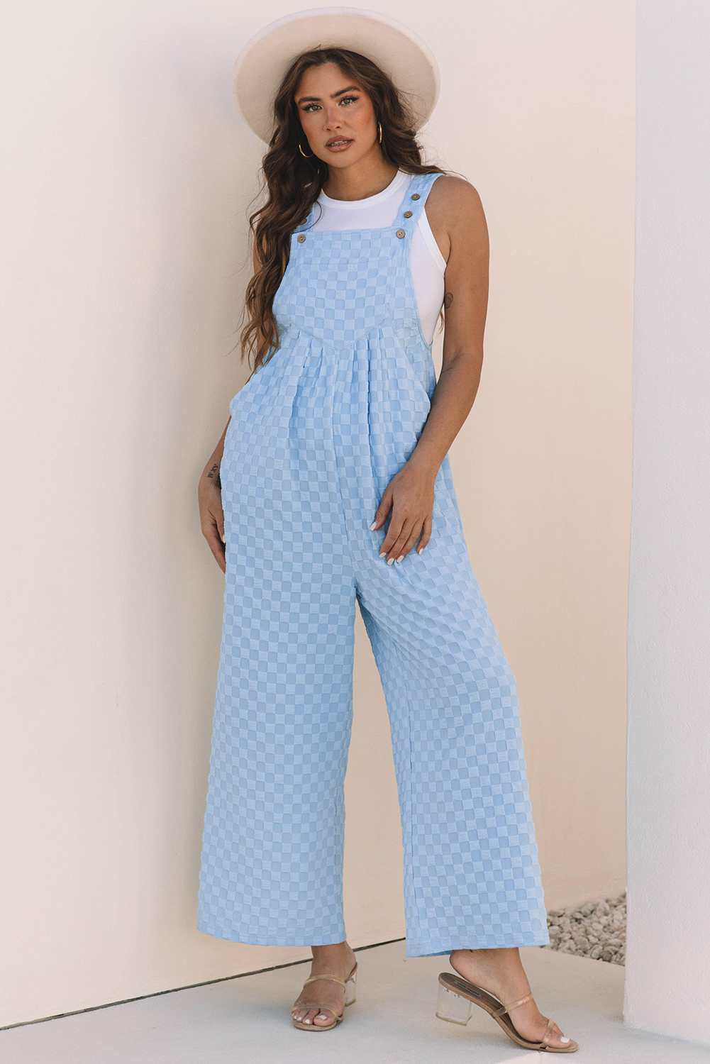 Beau Blue Checkered Pocketed High Waist Wide Leg Overall - loveforevers