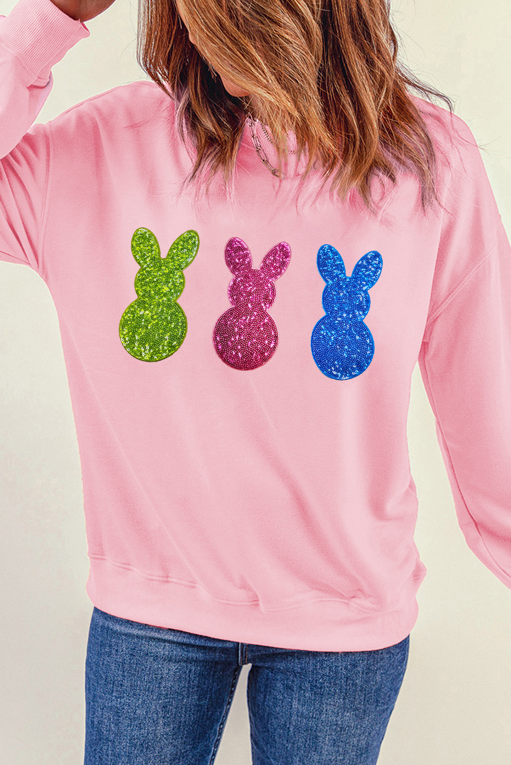 Pink Easter Bunny Patched Drop Shoulder Sweatshirt - loveforevers