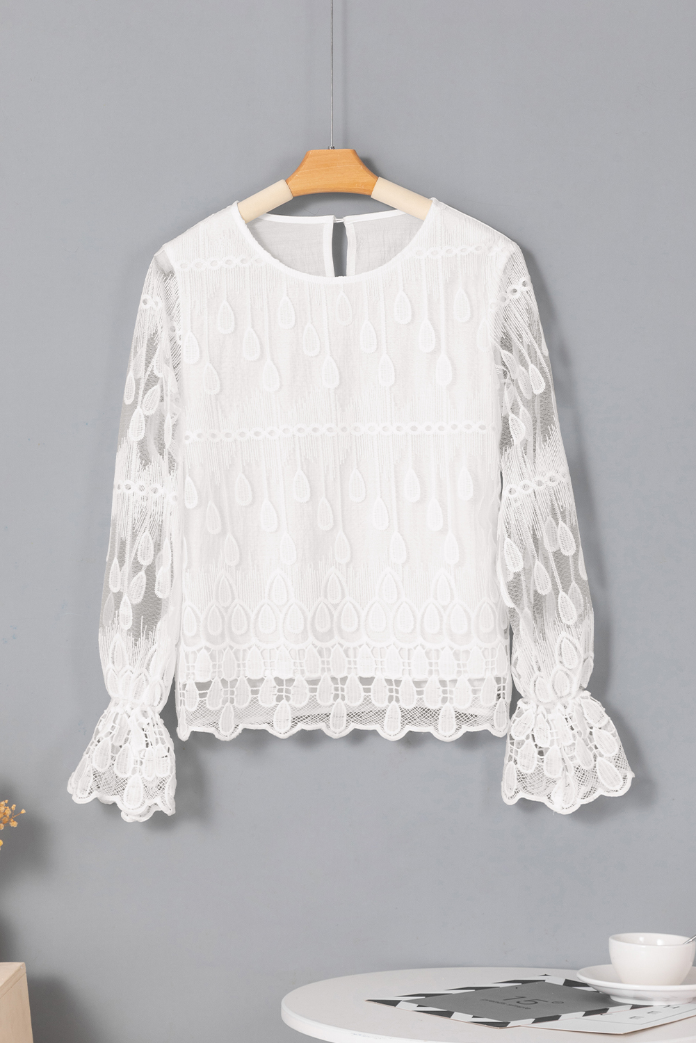 Beige Embroidered Mesh Flounce Sleeve Blouse - loveforevers