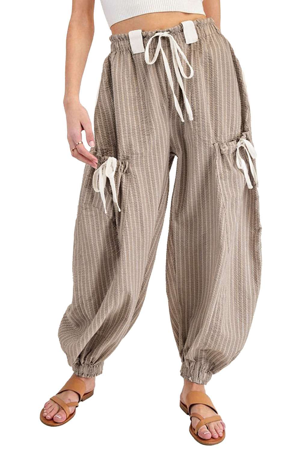 Brown Stripe Drawstring Cargo Jogger Pants with Pockets - loveforevers