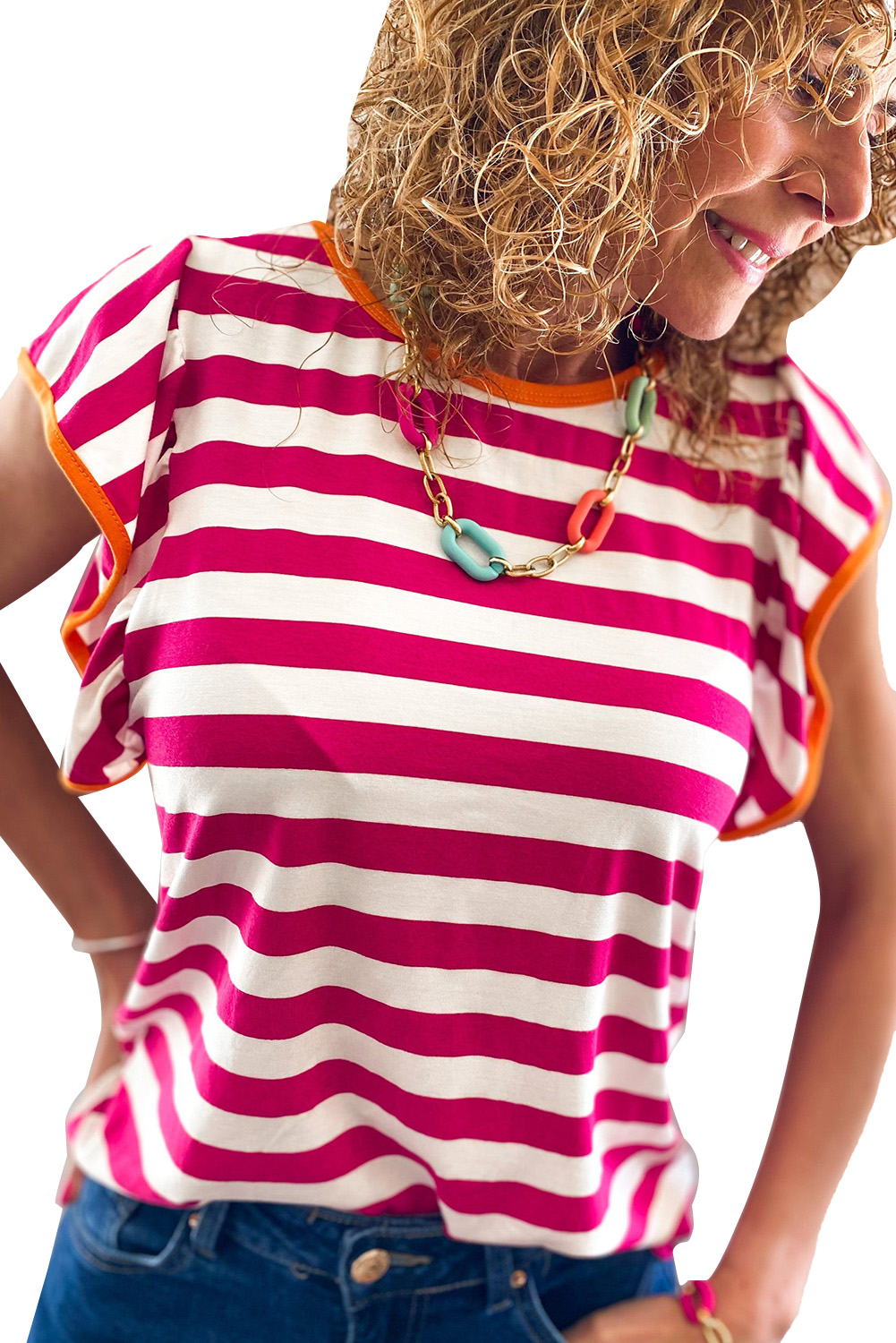 Rose Red Striped Ruffle Sleeve Crew Neck Blouse - loveforevers