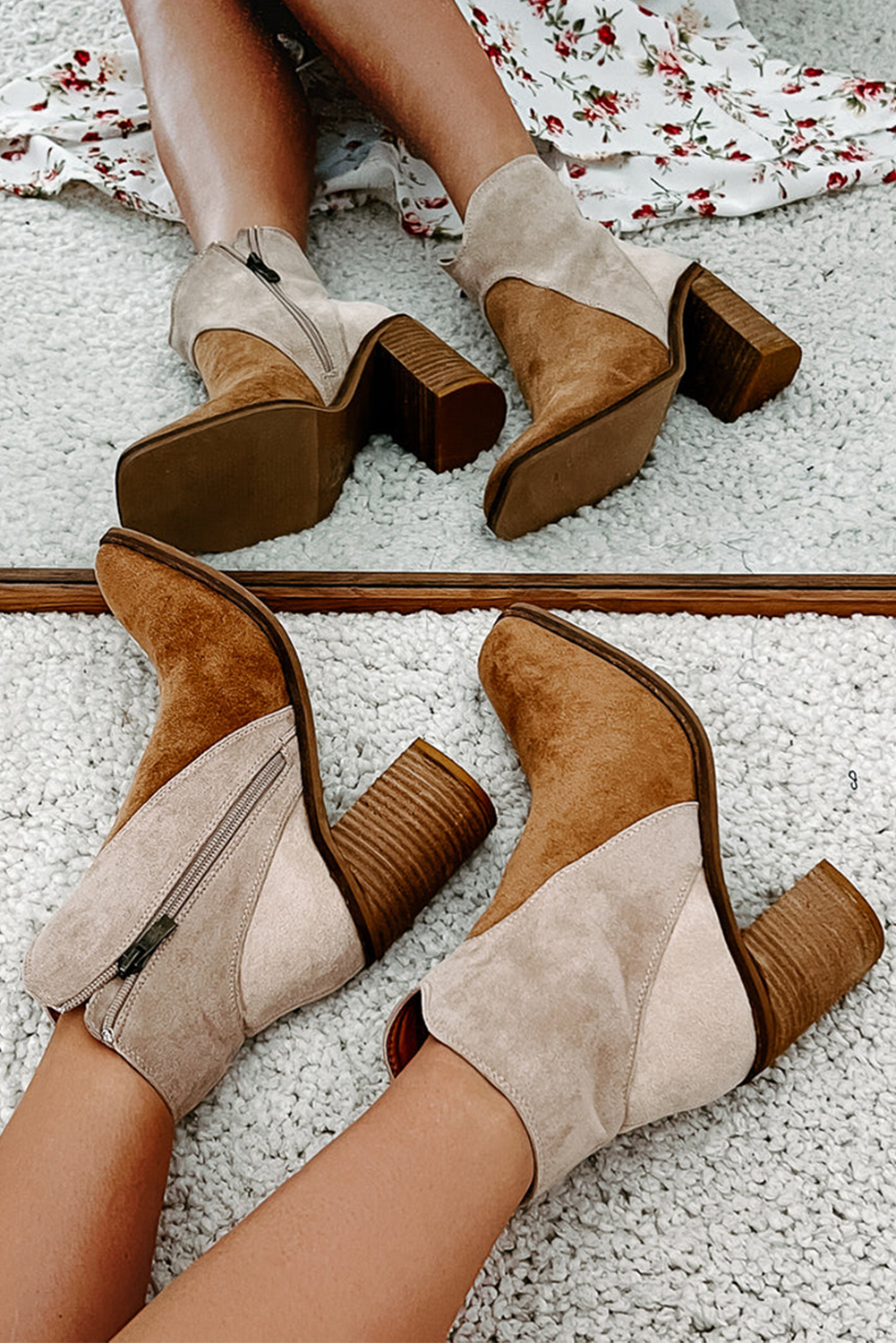 Camel Two Tone Faux Suede Square Toe Chunky Heel Boots - loveforevers