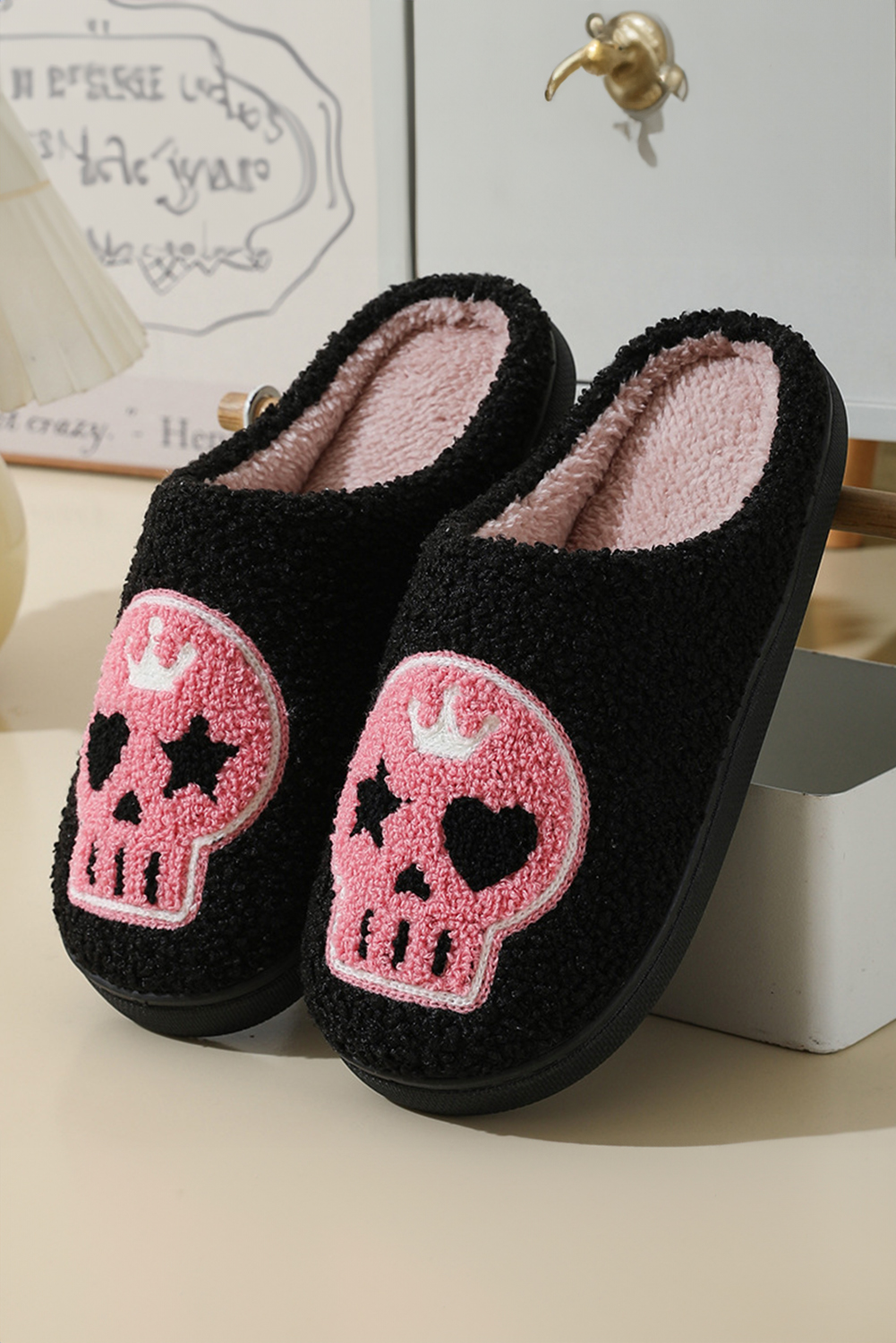 Black Halloween Skull Printed Plush Winter Home Slippers - loveforevers