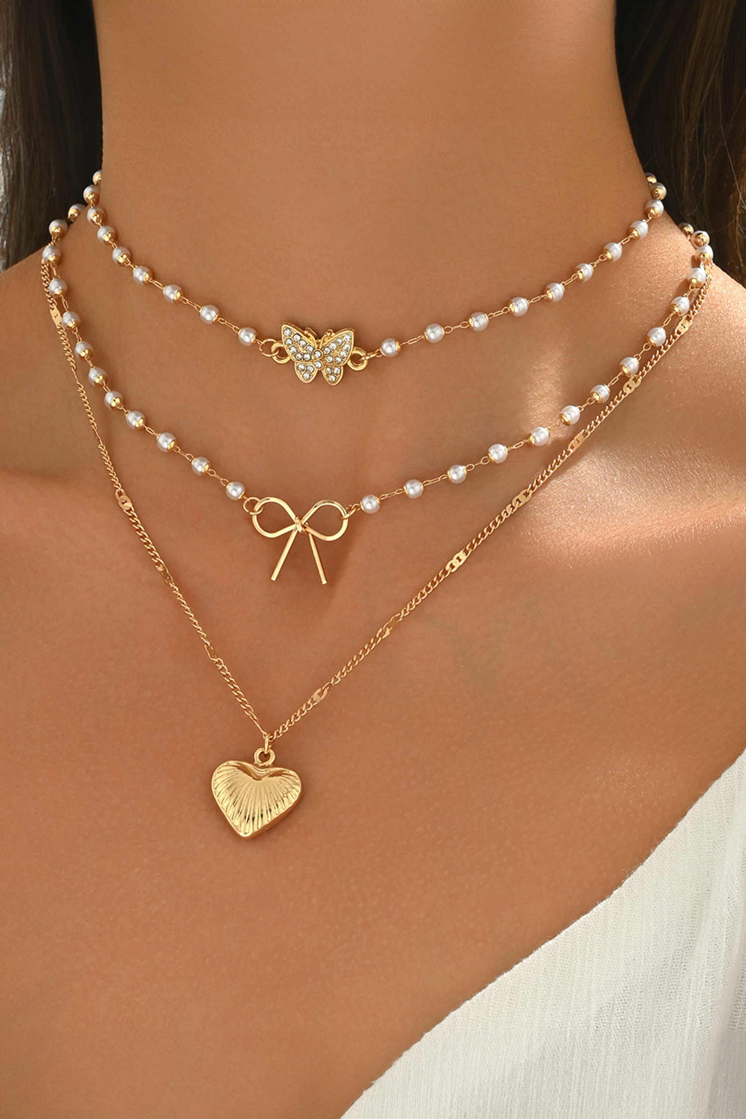 Gold Shell Heart Bow Butterfly Charm 3pcs Pearl Embellished Necklace Set - loveforevers