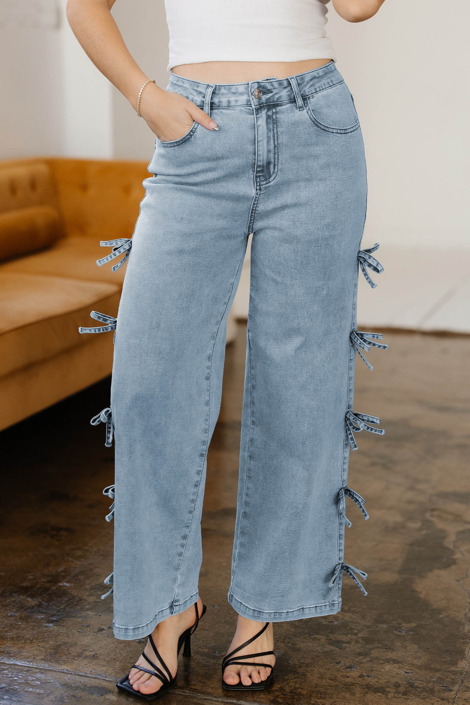 White Bow Knot Side Detail Straight Leg Loose Jeans - loveforevers