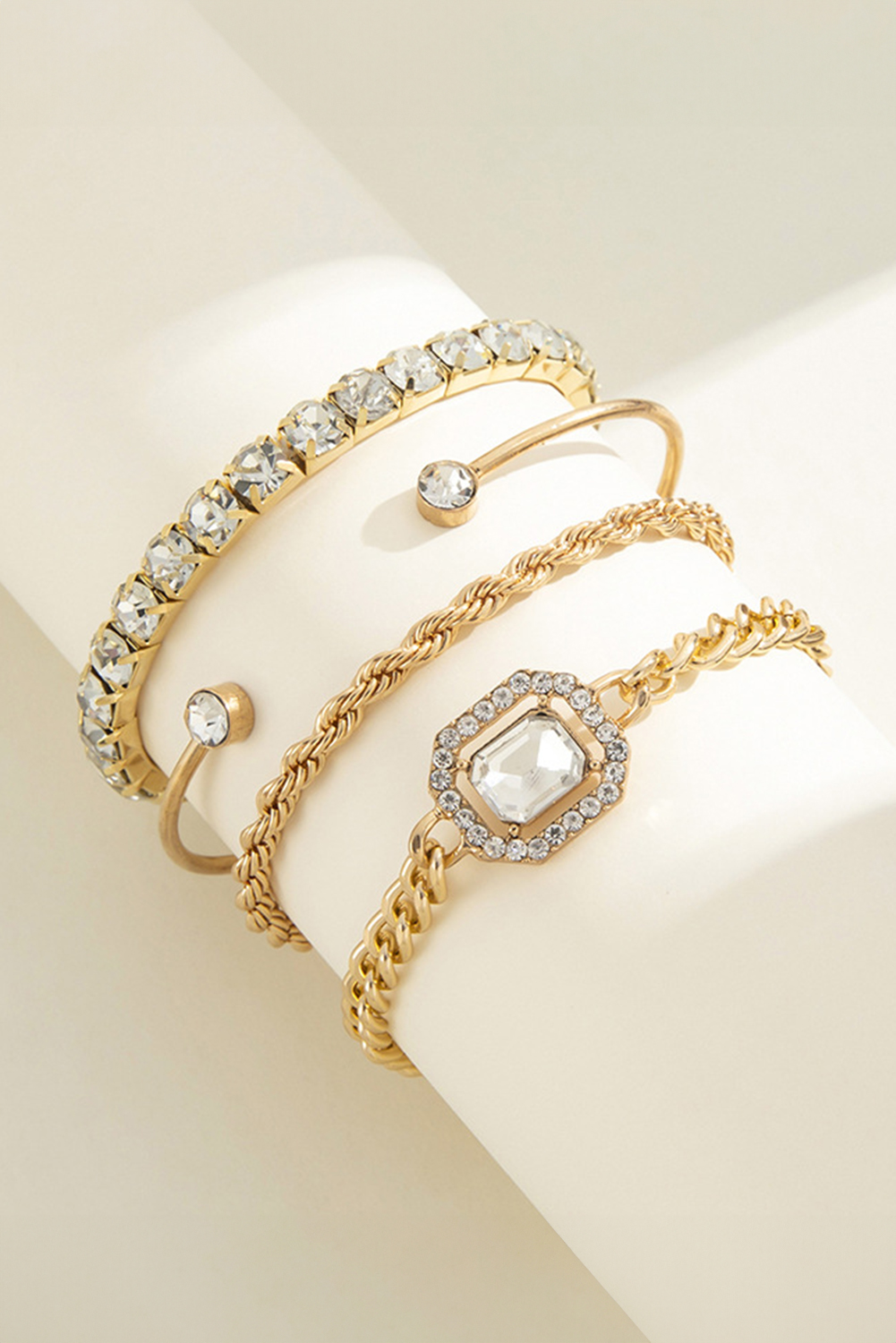 Gold 4pcs Diamond Chained Braided Bangle Bracelet Set - loveforevers