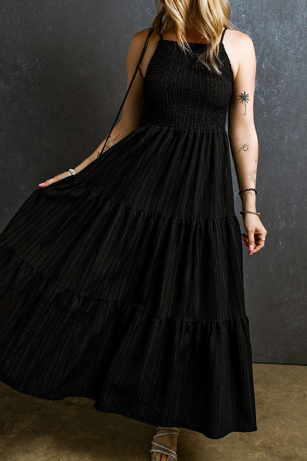 Black Spaghetti Straps Smocked Pleated Tiered Maxi Dress - loveforevers