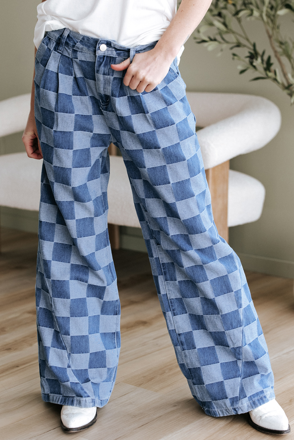 Dark Grey Checkered Denim Wide Leg Jeans - loveforevers