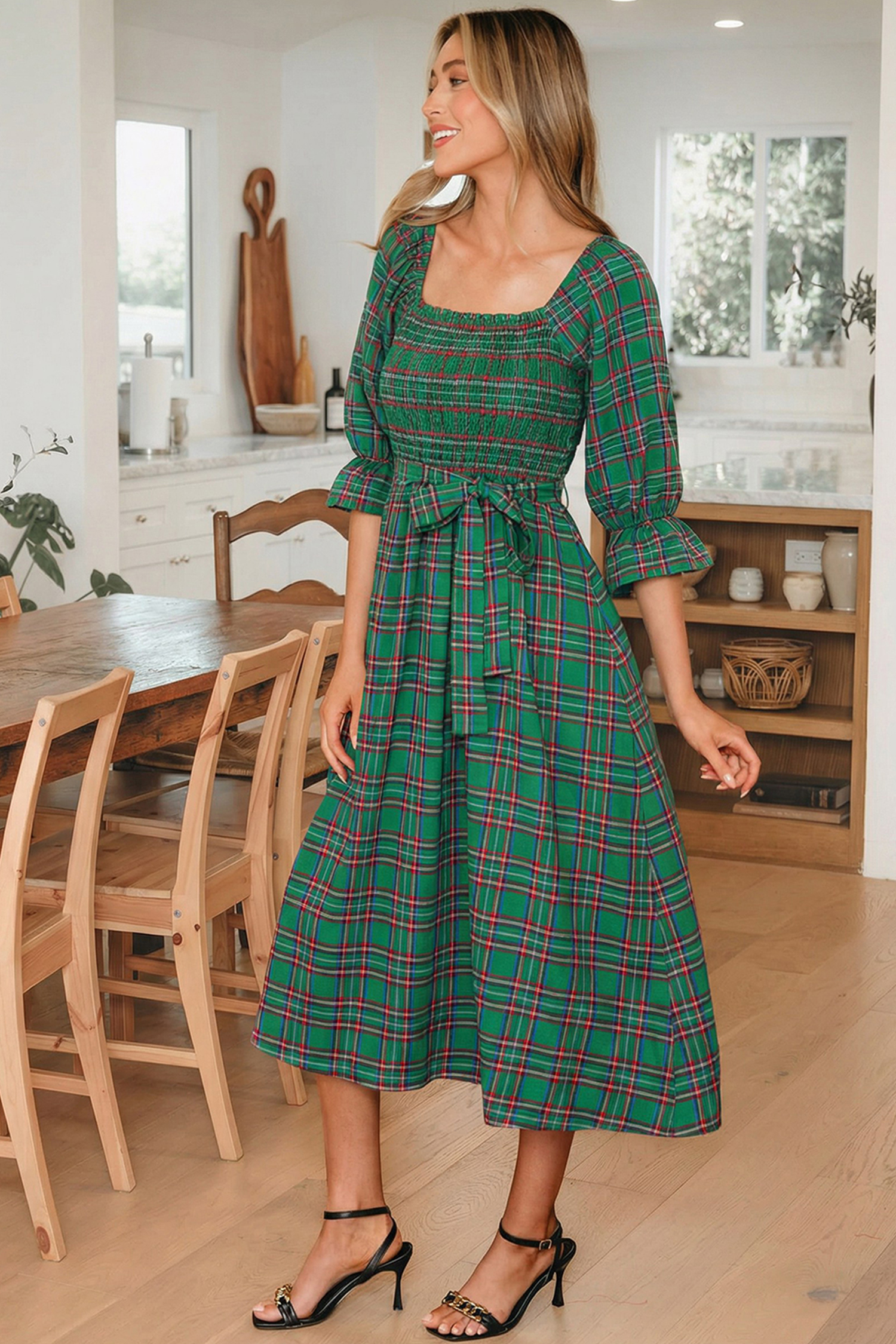 Red Tartan Plaid Square Neck Puff Sleeve Knot Waist Flared Midi Dress - loveforevers