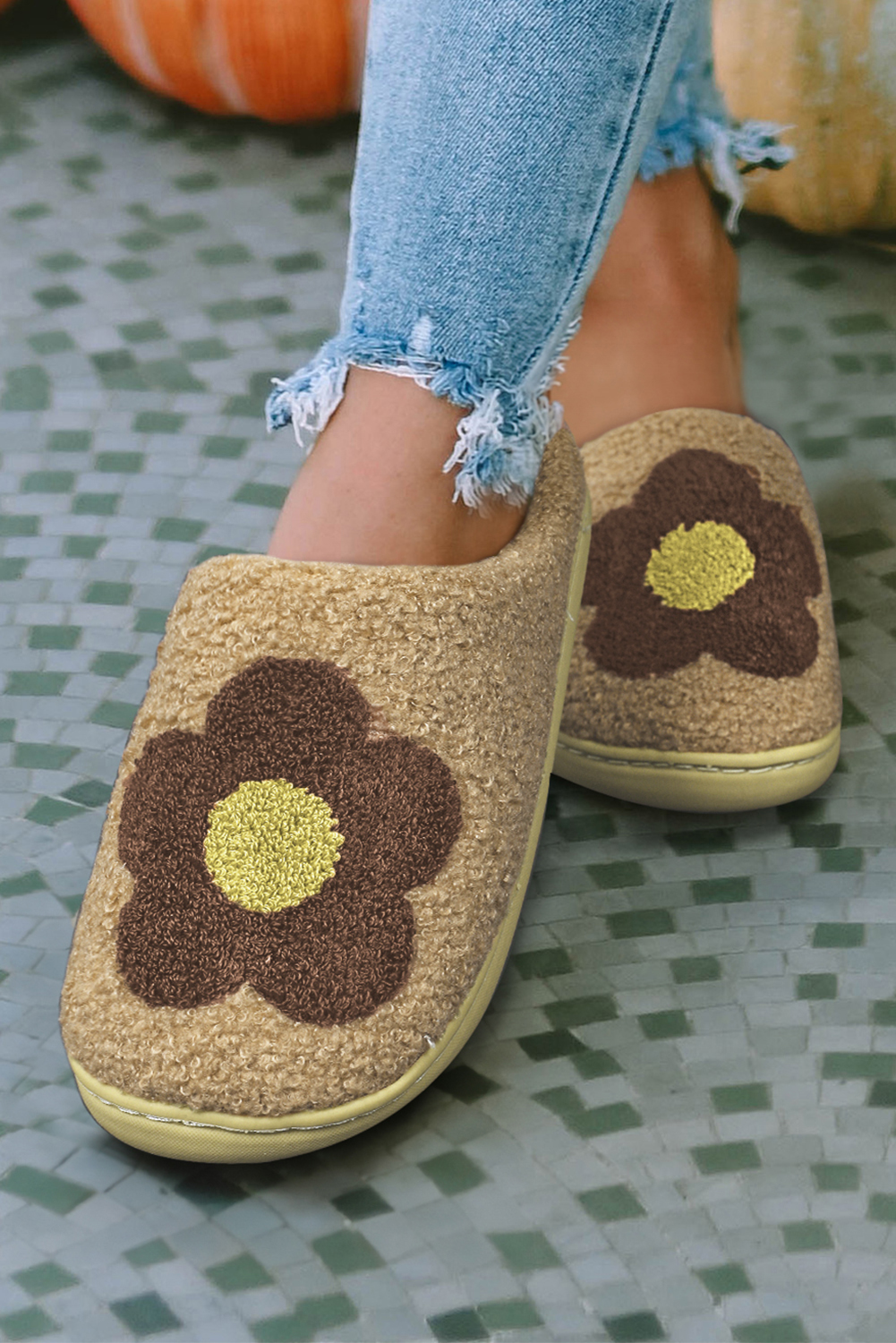 Camel Fuzzy Flower Pattern Homewear Slippers - loveforevers