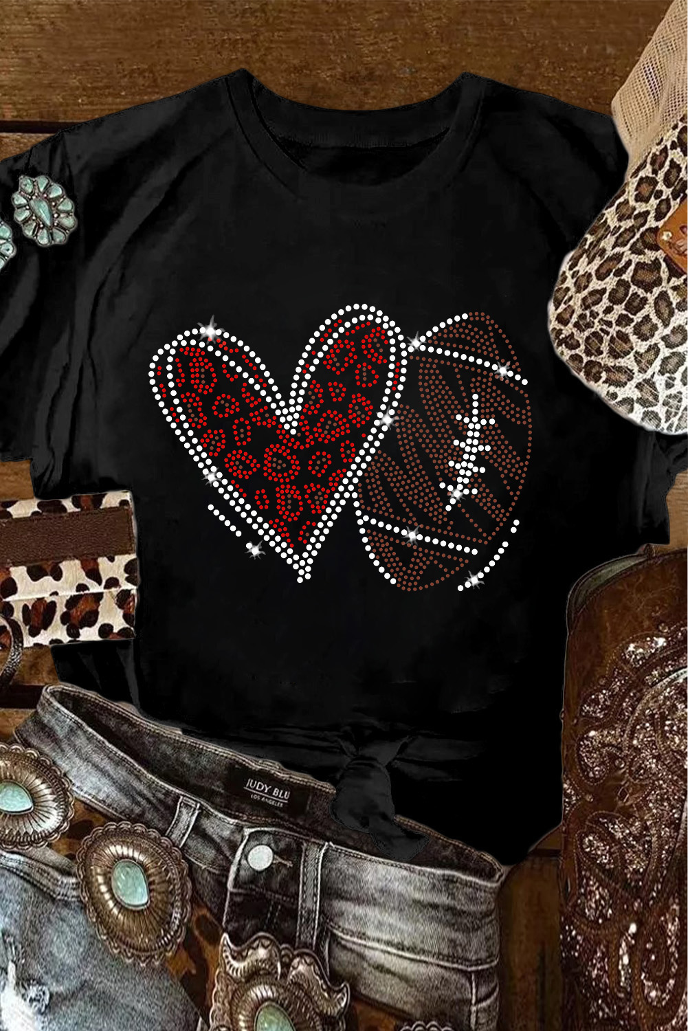 Black Rhinestone Rugby Football Heart Shape Graphic T Shirt - loveforevers