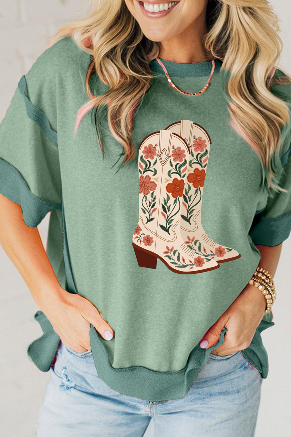 Smoke Green Floral Boots Printed Raw Seam Mix Texture Patchwork Tee - loveforevers