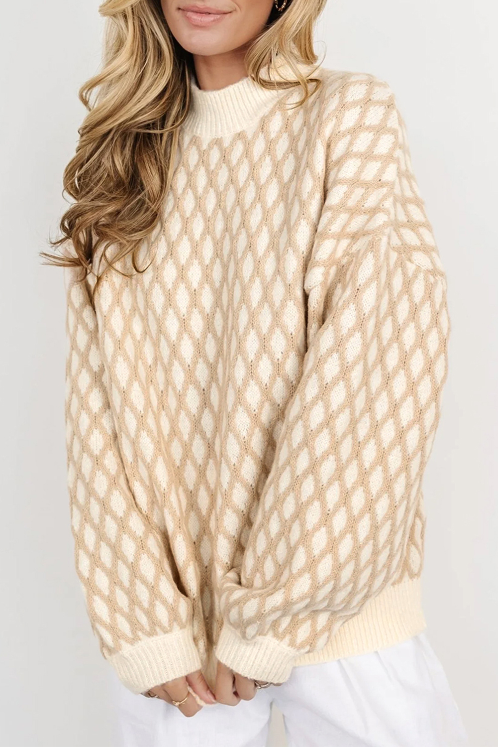 Oatmeal Diamond Knit Drop Shoulder Loose Sweater - loveforevers