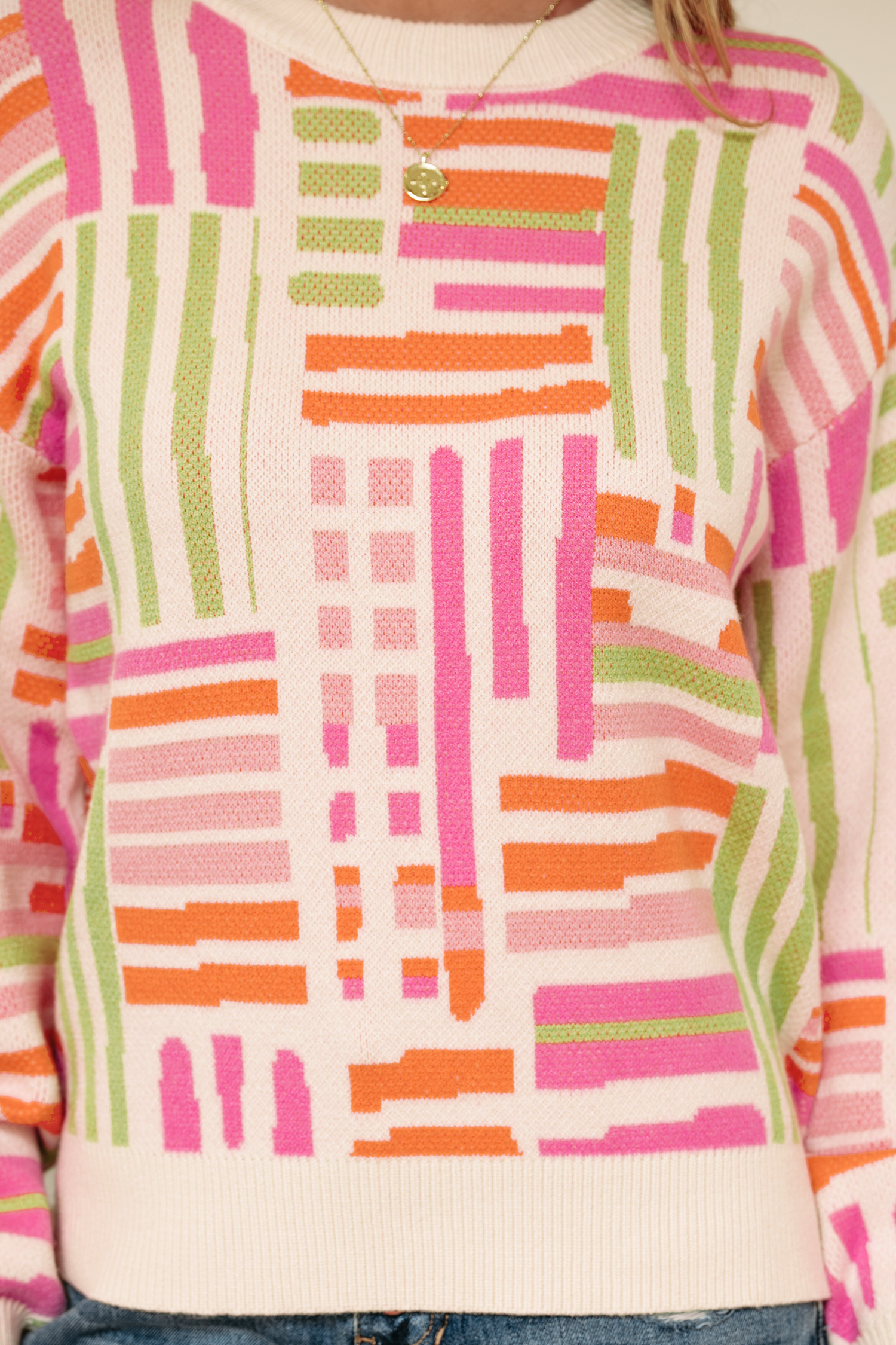 Rose Love Lines Pattern Crew Neck Puff Sleeve Sweater - loveforevers