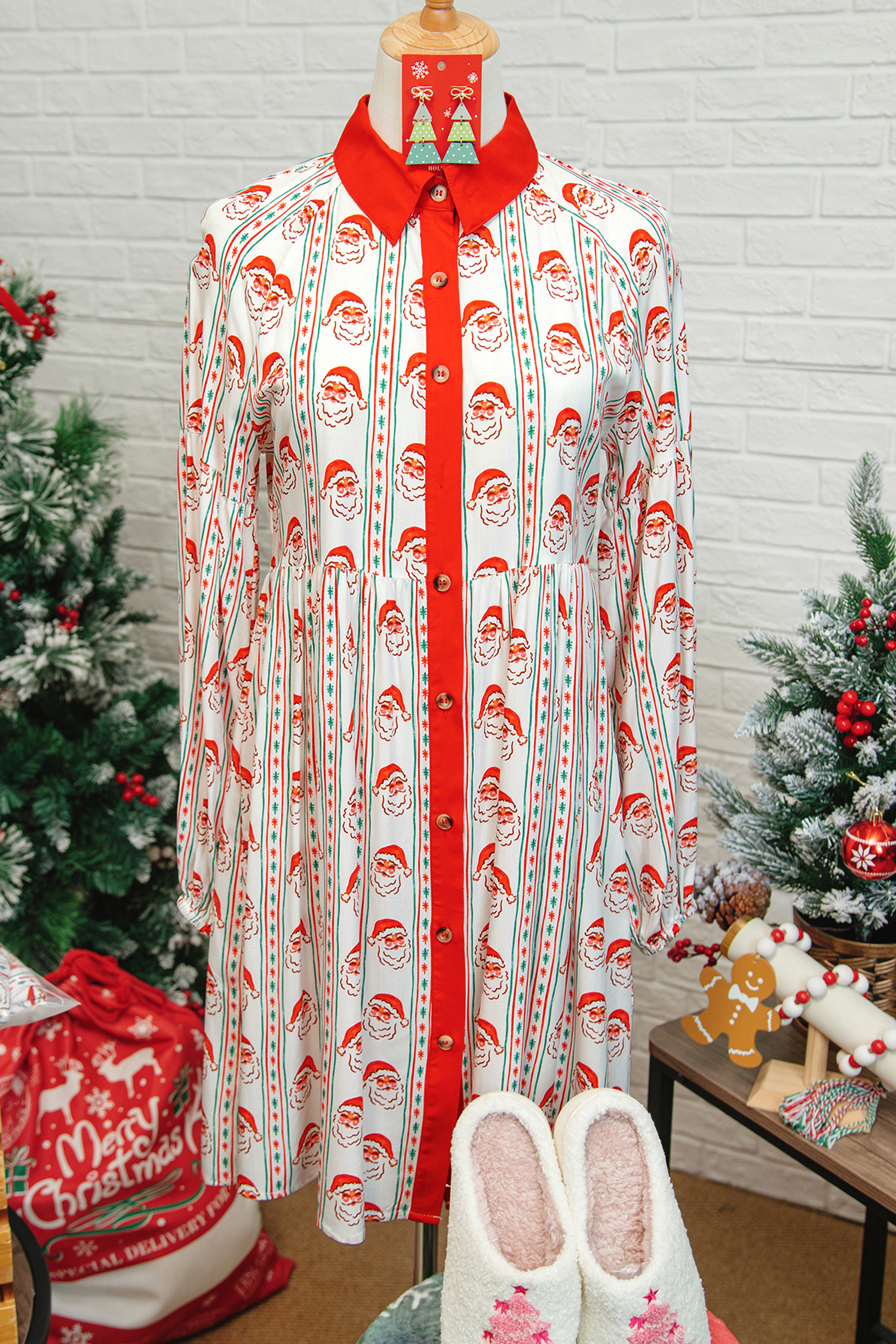 White Father Christmas Contrast Collar Button Front Long Sleeve A-line Mini Dress - loveforevers