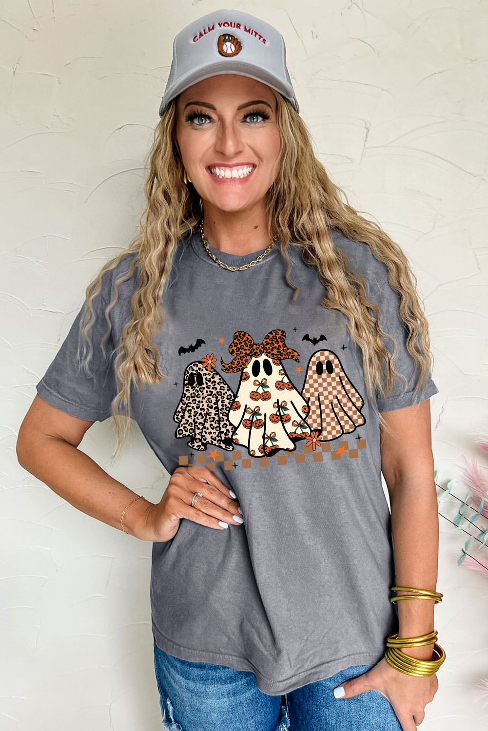 Gray Cute Halloween Ghost Printed Womens Casual Tee - loveforevers