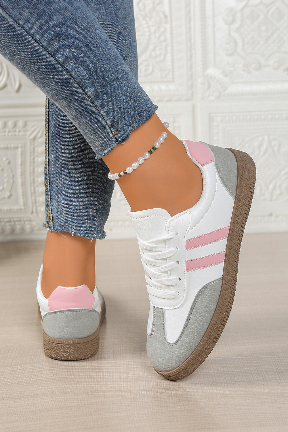 Pink Color Block PU Leather Patchwork Lace Up Flat Shoes - loveforevers