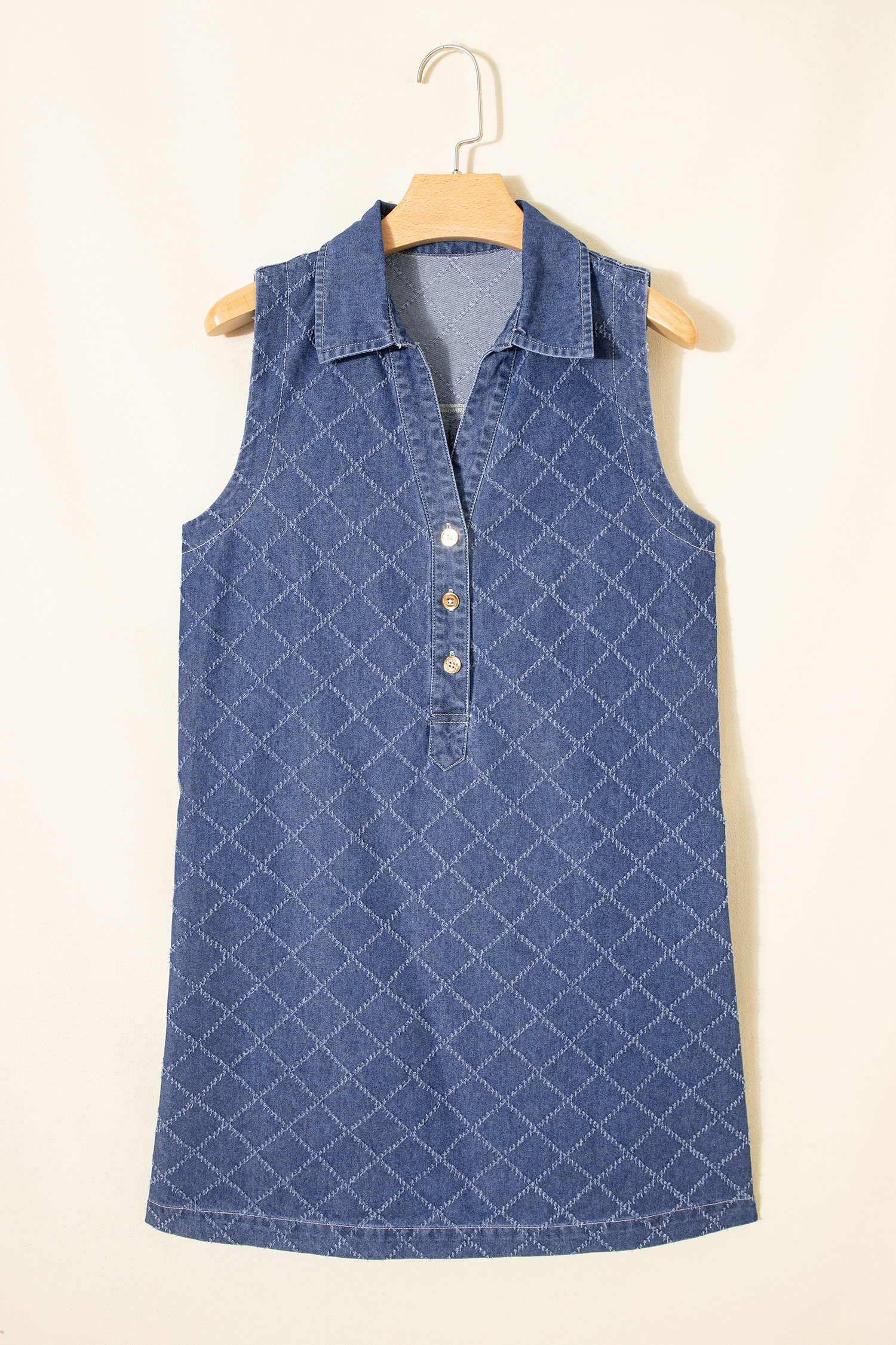 Sail Blue Rhombus Textured Collar Buttoned V Neck Denim Sleeveless Mini Dress - loveforevers