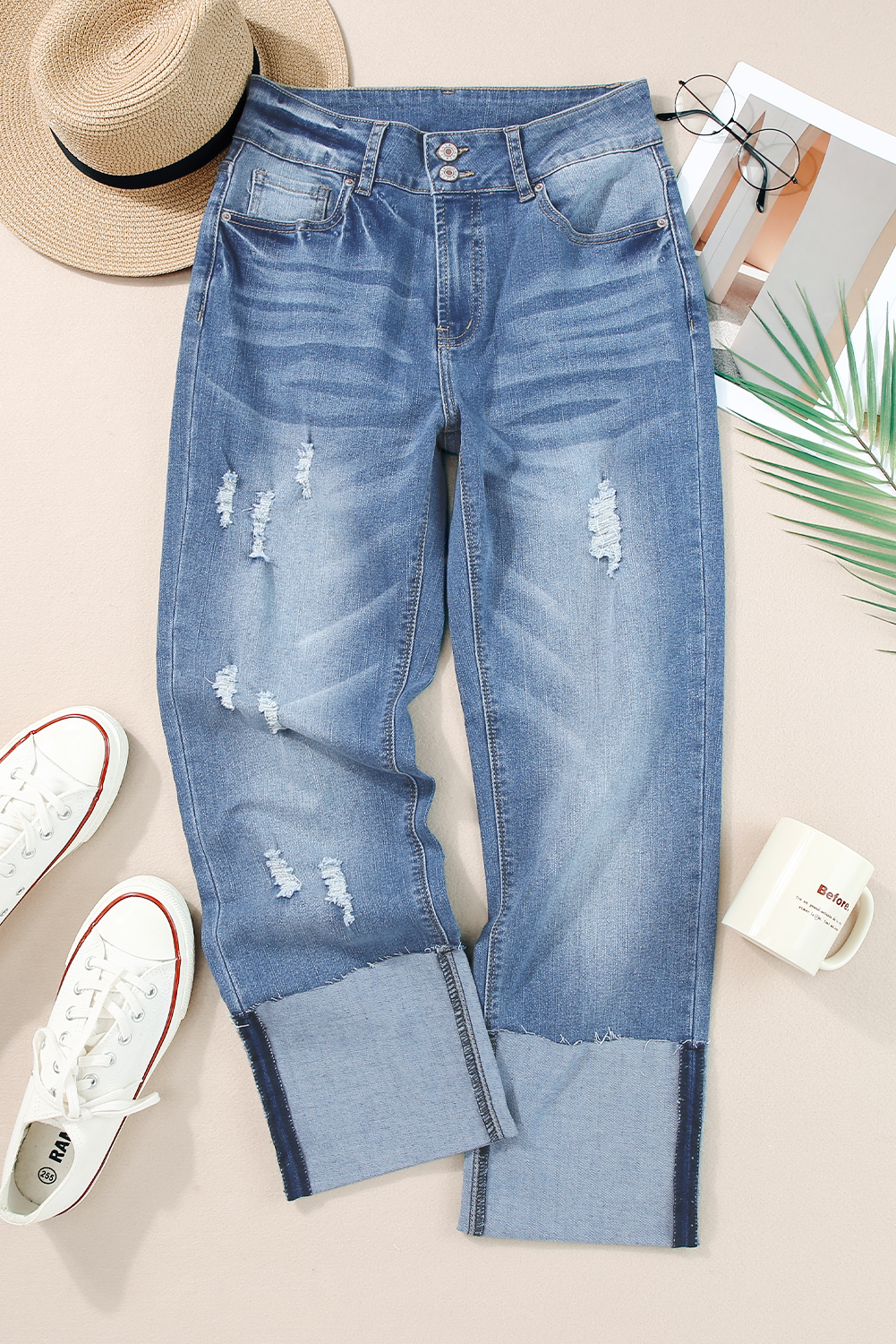 High Waist Distressed Straight Leg Jeans - loveforevers