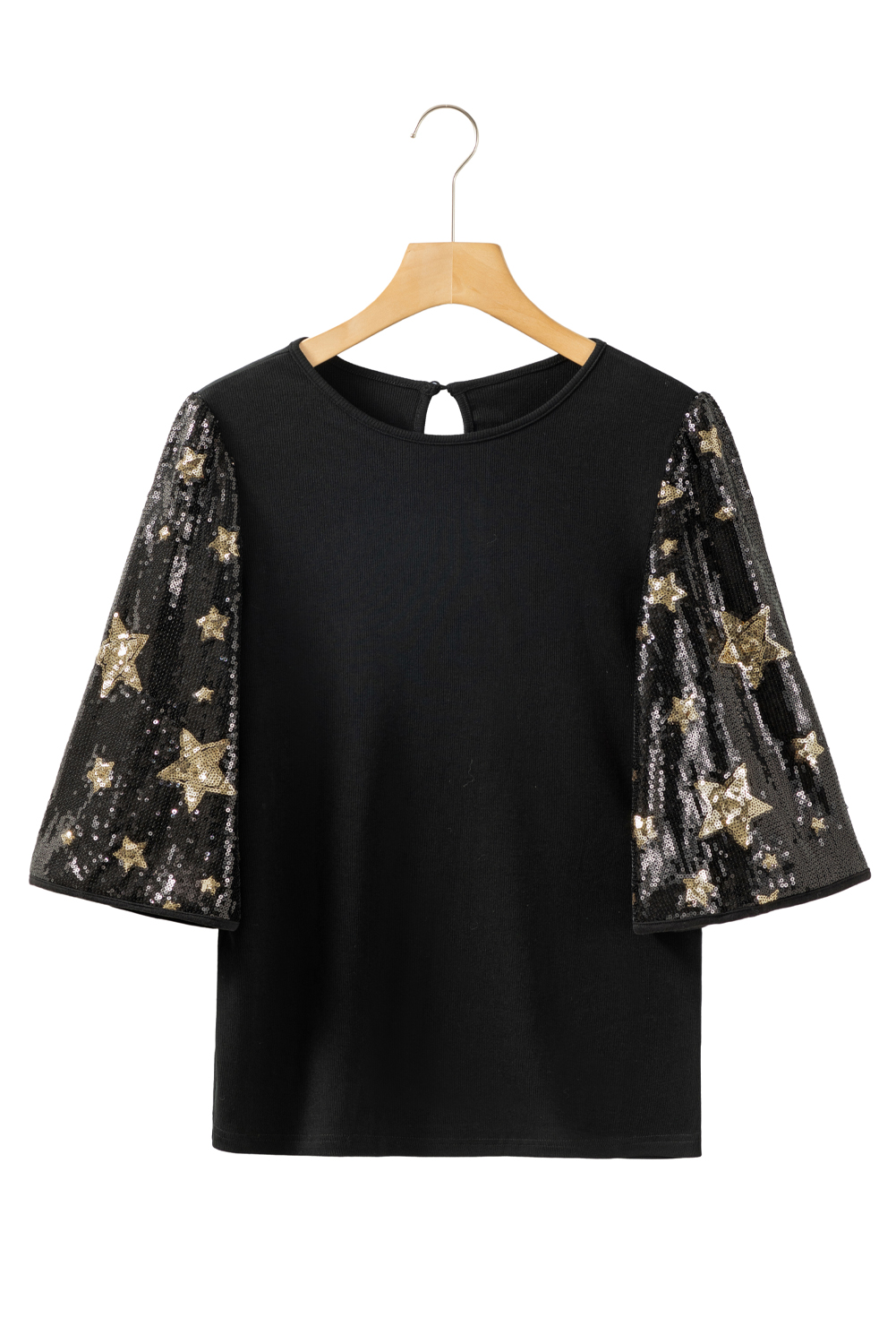 Black Star Sequin Splicing Half Sleeve Top - loveforevers
