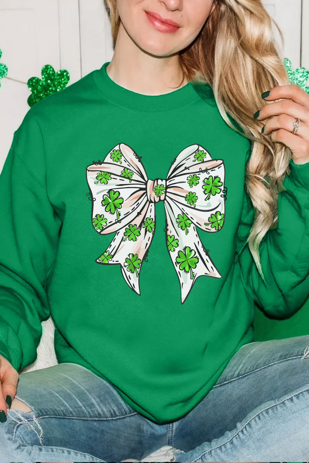 Dark Green St Patricks Clover Bow Printed Drop Shoulder Sweatshirt - loveforevers