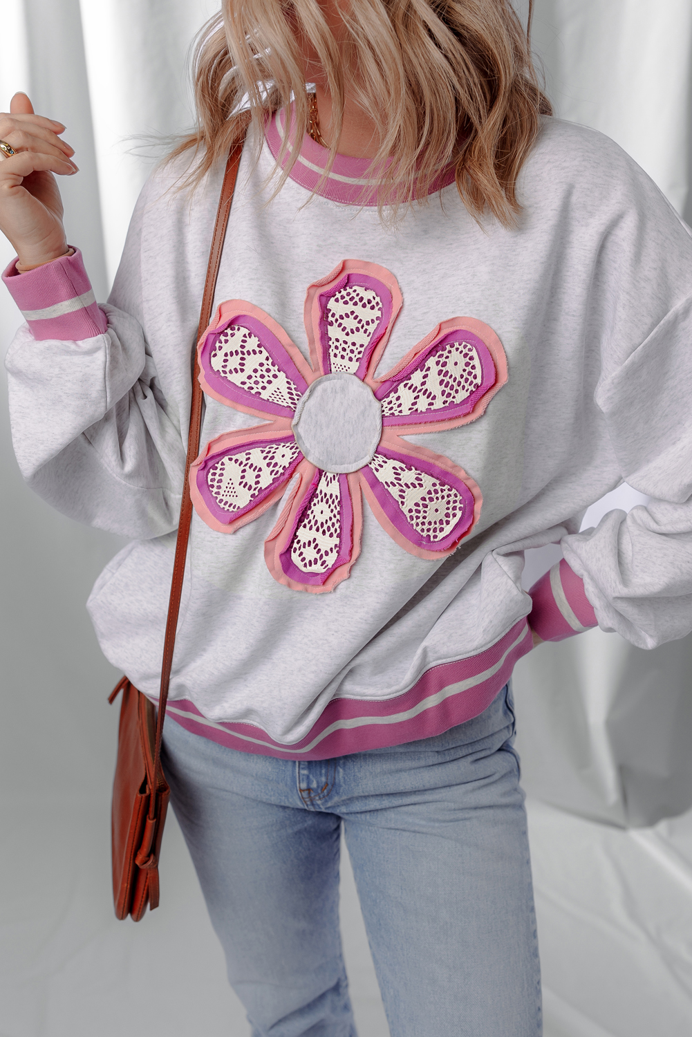 Gray Flower Patch Contrast Trim Crew Neck Sweatshirt - loveforevers