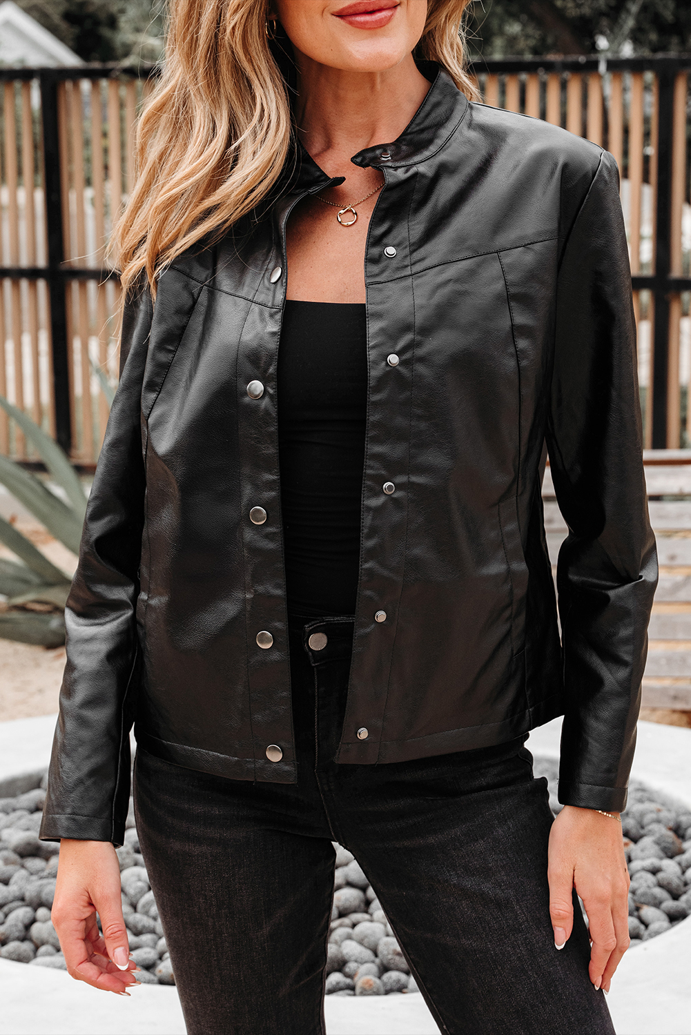 Black Faux Leather Buttoned Front Boxy Jacket - loveforevers
