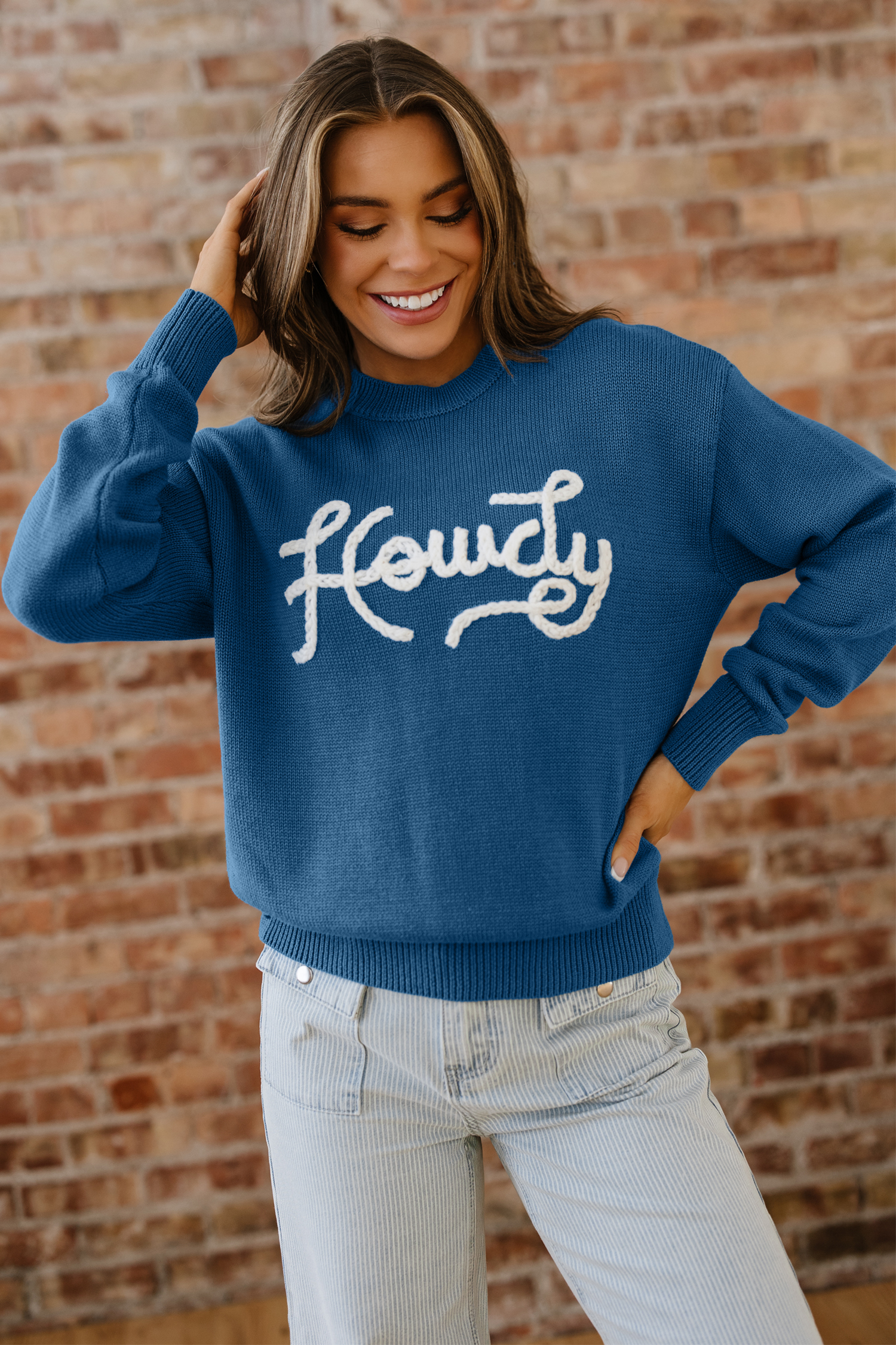 Dusk Blue Howdy Embroidered Graphic Western Sweater - loveforevers