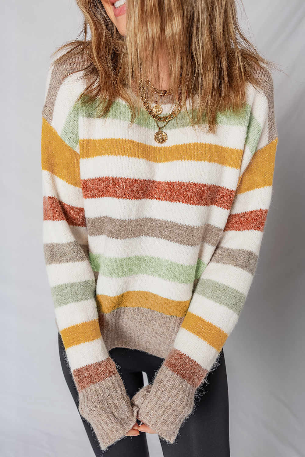 Multicolour Stripe Drop Shoulder Crew Neck Sweater - loveforevers