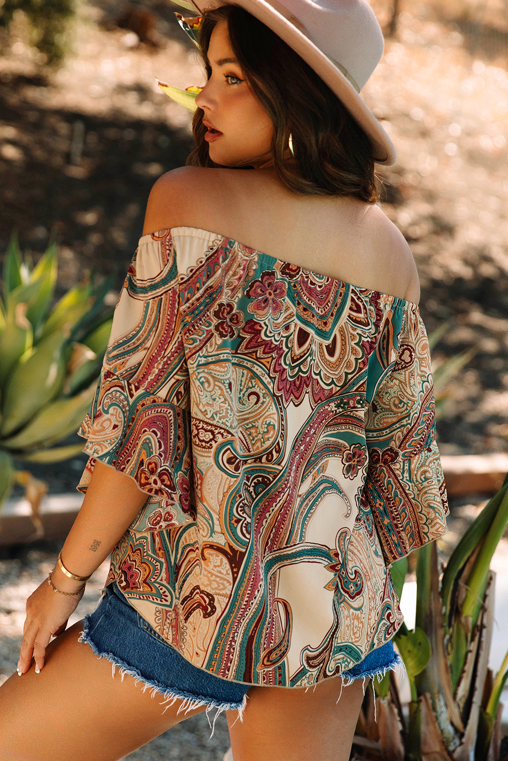 Apricot Paisley Printed Shirred Off Shoulder Ruffled Draped Sleeve Blouse - loveforevers