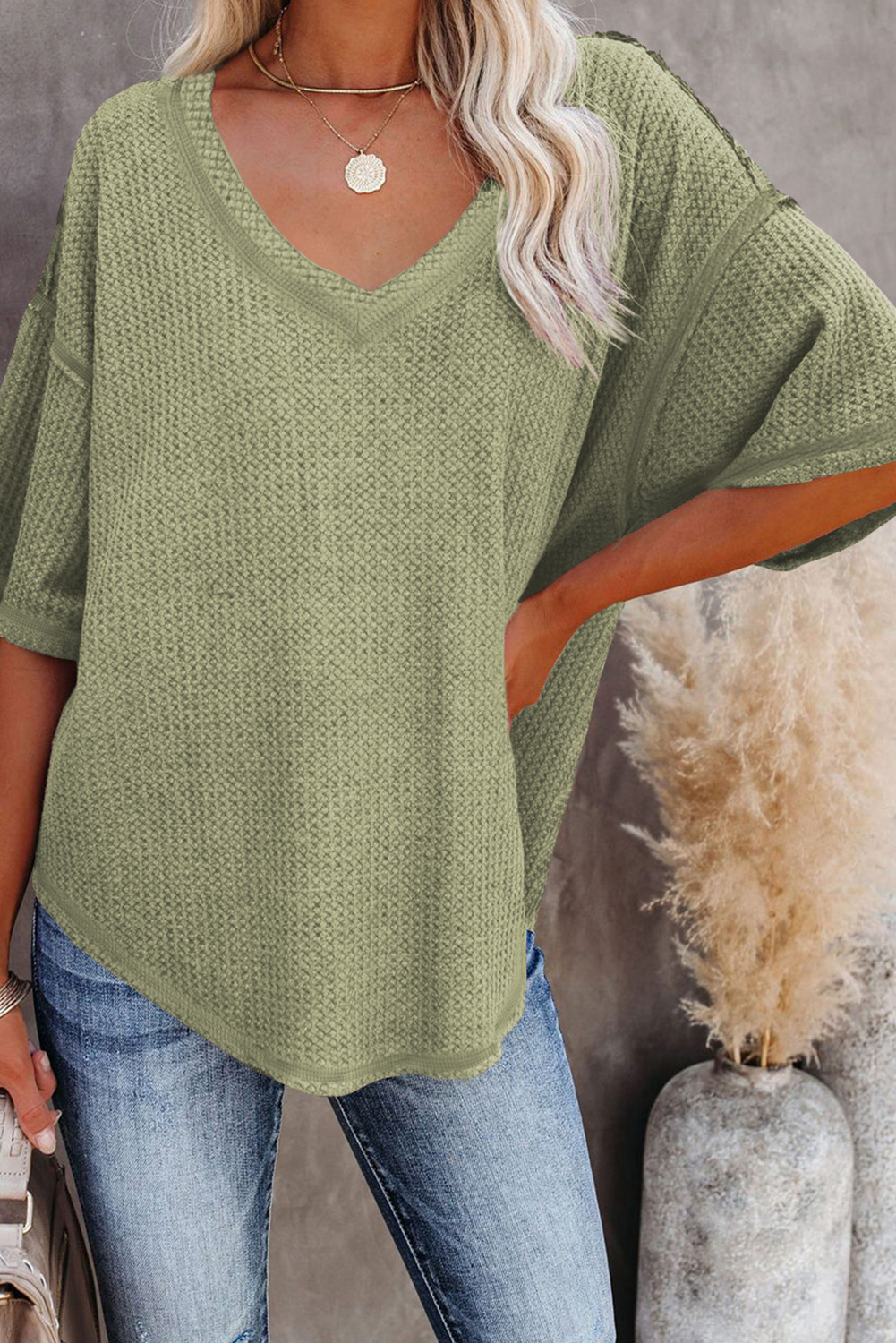 White Exposed Seam Half Sleeve Knitted V Neck Textured Top - loveforevers