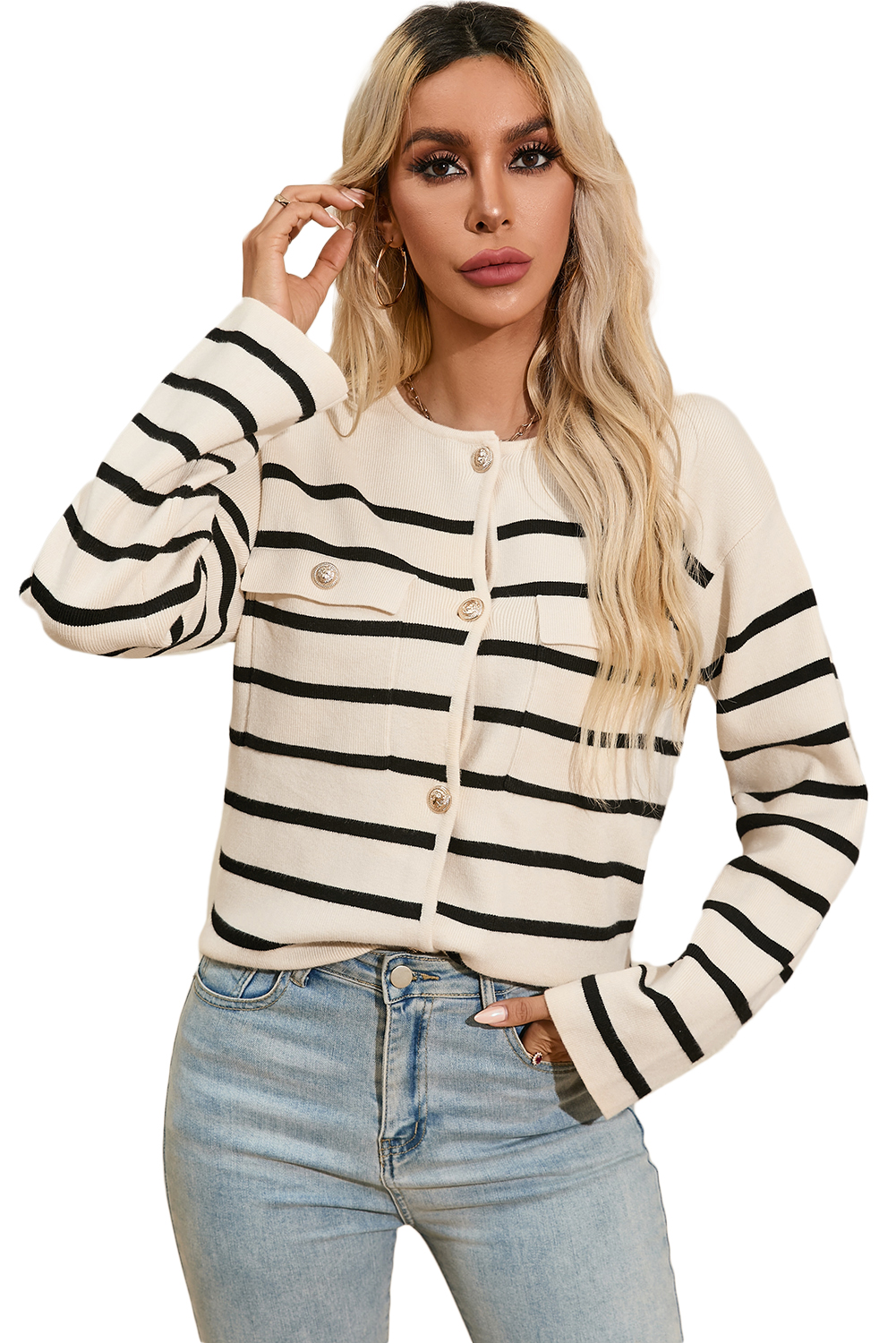 Black Stripe Flap Pocket Buttoned Cardigan Sweater - loveforevers