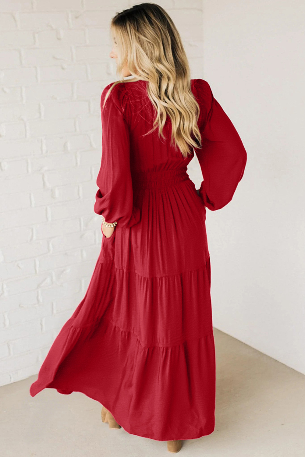 Racing Red Contrast Embroidered Detail Cinched Waist Tiered Long Sleeve Maxi Dress - loveforevers