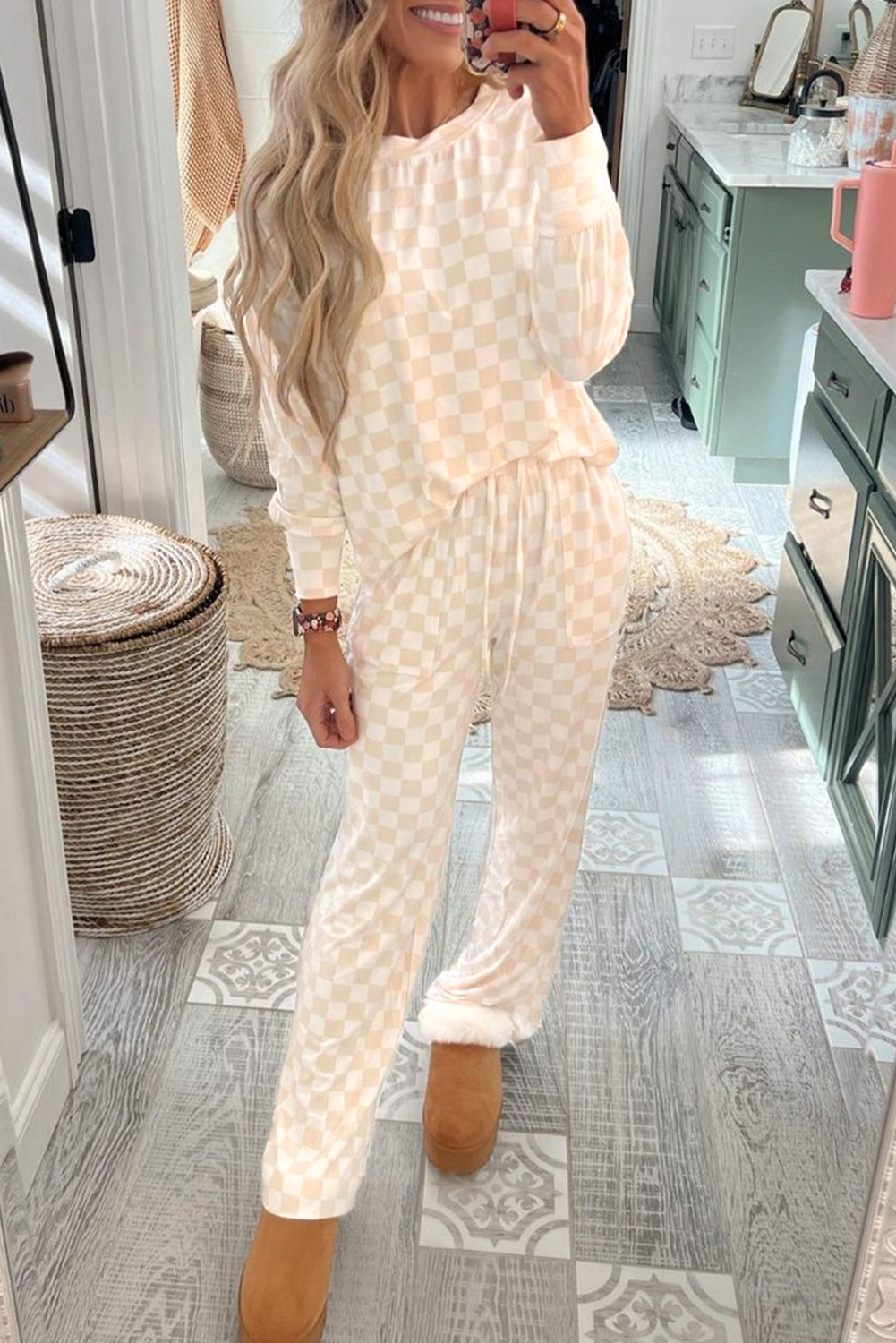 Beige Checkered Print Long Sleeve Top and Pants Lounge Set - loveforevers