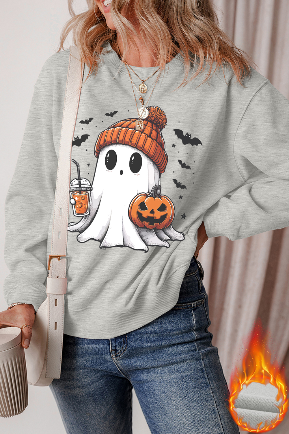 Gray Halloween Ghost Print Crewneck Drop Shoulder Sweatshirt - loveforevers