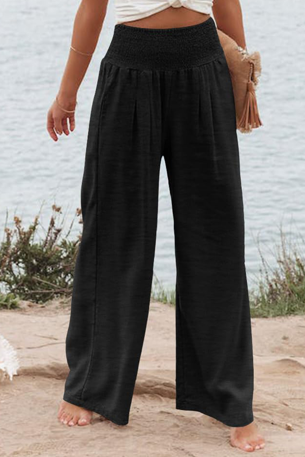 Black Shirred High Waist Plus Size Wide Leg Pants - loveforevers