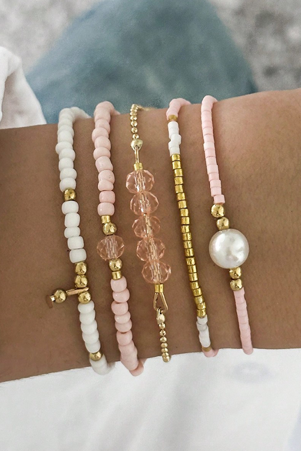 Pink Pearl Crystal Bead Detail 5pcs Elastic Bracelet Set - loveforevers