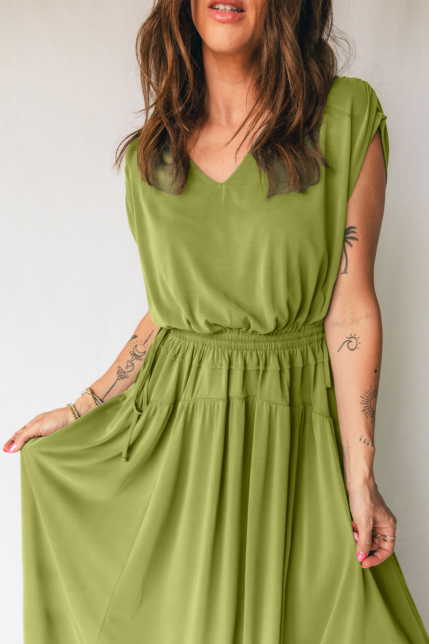 Fern Green Solid V Neck Cap Sleeve Tunic Elastic Waist Versatile Maxi Dress - loveforevers