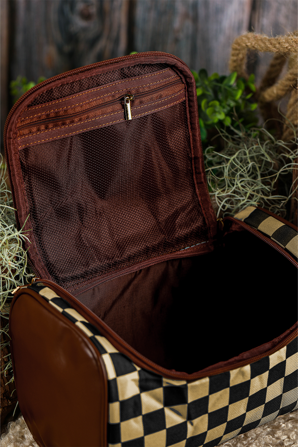Black Checkered PU Leather Zipper Makeup Bag - loveforevers